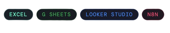 Four rounded rectangular buttons labeled Excel, G Sheets, Looker Studio, and N8N with distinct background colors.