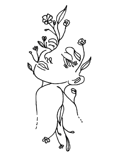Line art drawing of a human face intertwined with leaves and flowers.