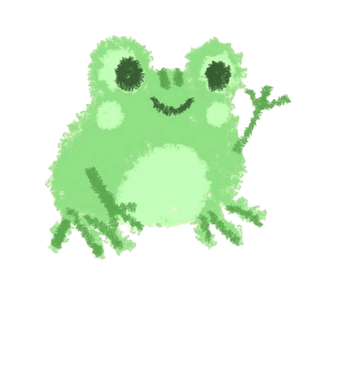 Cartoonish green frog with a smiling face and raised front leg waving.