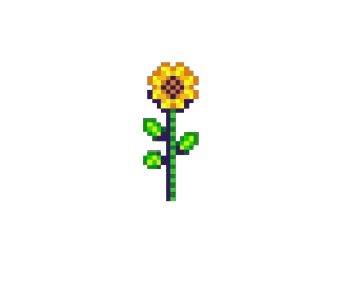 Pixel art image of a sunflower with orange and yellow petals, green stem, and leaves.